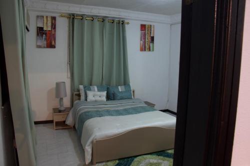 a bedroom with a large bed with blue pillows at Hill View Hotel McCarthy Hills in Bortianor