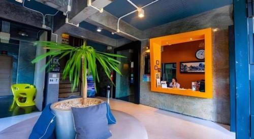 拉廊The B Ranong Trend Hotel的一株植物摆放在商店前的桌子上