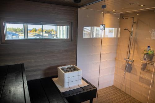 bagno con doccia e finestra di Aurinkorinne 8 a Kalajoki
