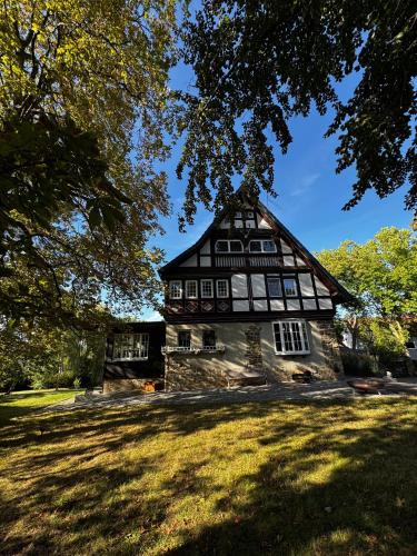 ein altes Haus mit einem Baum davor in der Unterkunft Villa Dankward in Bad Harzburg