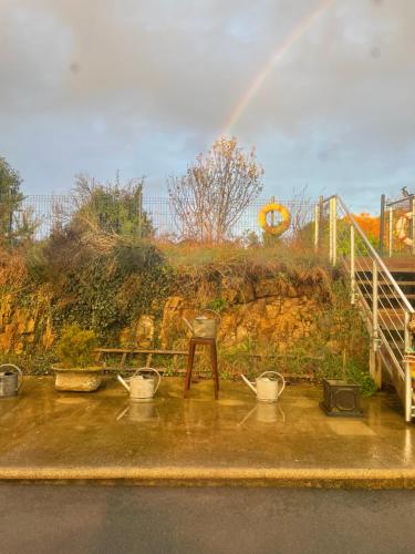 普罗梅尔Gîtes d Izel N1 entre terre et mer prés d'un golf的一组花盆摆放在一个有彩虹的窗台上