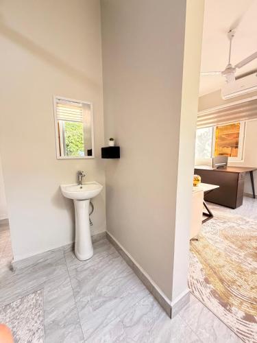a white bathroom with a sink and a window at Blesauz Apartments in Dar es Salaam
