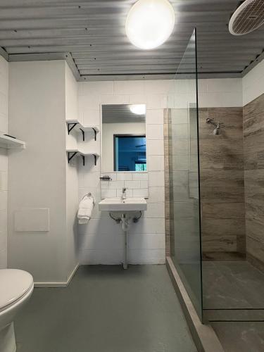 a bathroom with a sink and a shower at Port Douglas Backpackers Youth Hostel in Port Douglas