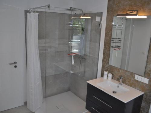 Un baño con ducha de cristal y lavabo. en The House of Port Haf 2, en Niendorf