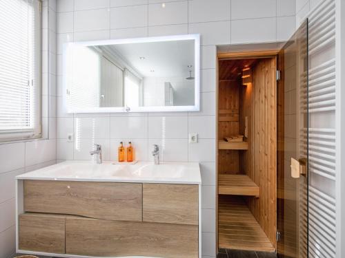 un baño con lavabo y espejo en Lovely villa on the edge of the forest, en Westermient