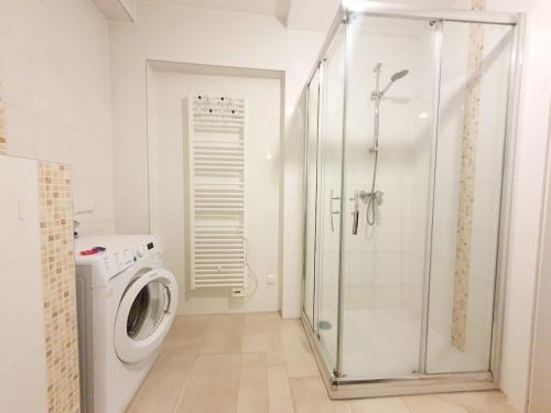 a bathroom with a washing machine and a shower at BohoNest Mariatrost - Erdgeschoss, Basilika kostenloser Parkplatz in Größing