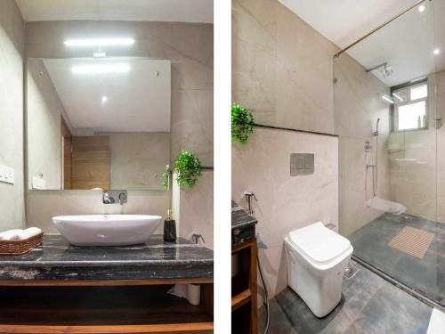 two pictures of a bathroom with a sink and a toilet at The Infinity Pool Villa Hotel by DanCenter, Baga Beach, Goa in Arpora