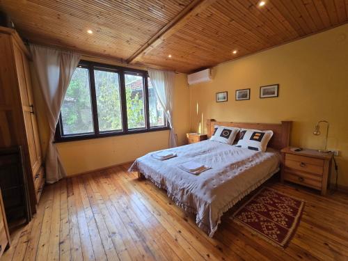 ein Schlafzimmer mit einem Bett und einem großen Fenster in der Unterkunft Villa Skalolazka in Belogradtschik