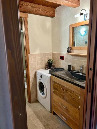 ein Badezimmer mit Waschmaschine und Waschbecken in der Unterkunft Tsi nos La Salle appartamento con giardino e balcone in La Salle