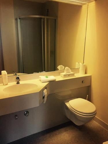 a bathroom with a sink and a toilet and a mirror at Hotel Gerber in Hösbach
