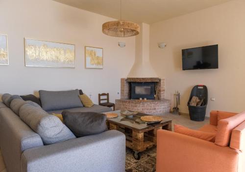 un salon avec un canapé et une cheminée dans l'établissement Aegean Bliss - Marathos Retreat Samos, à Marathokampos