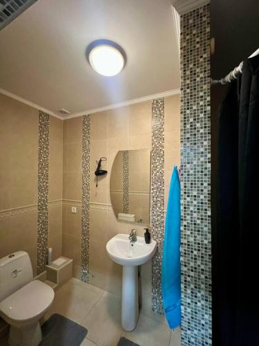 a bathroom with a white sink and a toilet at VVP Club Hotel in Tiraspol