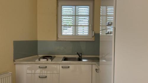 a kitchen with a sink and a window at Villa Valentina in Trpanj