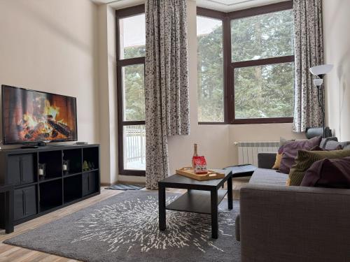 a living room with a couch and a tv at SnowLine Flora in Borovets