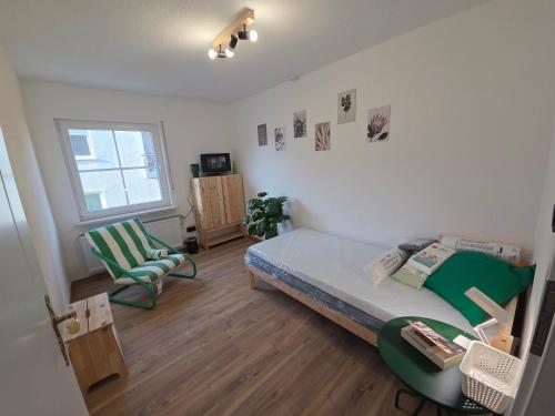 a bedroom with a bed and a chair in it at Zum grünen Häusle in Kolitzheim