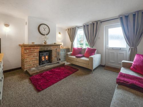 a living room with a fireplace and pink pillows at Jasmine Cottage - Uk50585 in Bintree