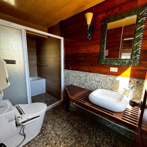 a bathroom with a toilet and a sink at Shiyai Taoyuan in Ren'ai