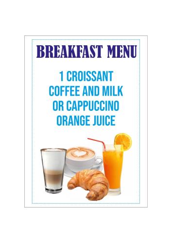 un poster di un menu per la colazione con caffè, latte e croissant di Hotel Amadeus a Roma