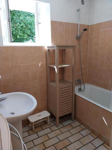 a bathroom with a tub and a sink and a bath tub at La maison du fermier in Chauvigny