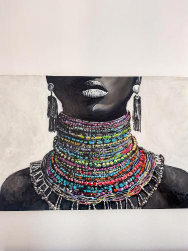 a painting of a woman wearing a necklace at Dung Beetle Bush Villa in Marloth Park