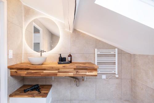 ヴィルールバンヌにあるLa Maison Bretzelの洗面台と鏡のあるバスルーム