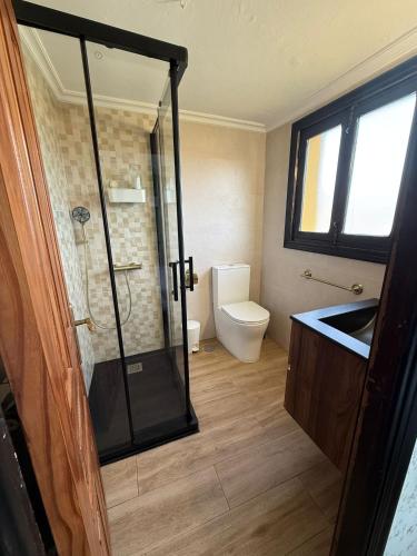a bathroom with a toilet and a glass shower at Casa Lula 2 Pendueles Llanes AR-685-AS in Llanes