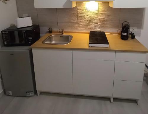 a kitchen counter with a sink and a microwave at Case ieo - 200m da via Ripamonti Mi in Opera