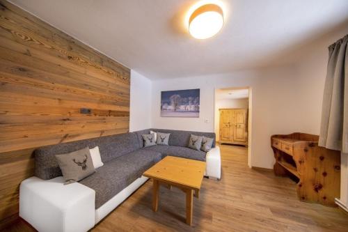 a living room with a couch and a wooden wall at Oma FRIEDA in Hollersbach im Pinzgau