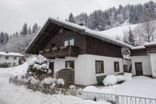 a house is covered in snow with trees at Oma FRIEDA in Hollersbach im Pinzgau