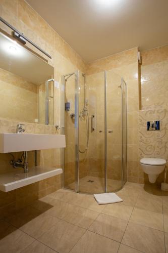 a bathroom with a shower and a sink and a toilet at Hotel Buczyński Medical & SPA in Świeradów-Zdrój
