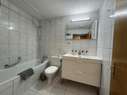 a bathroom with a toilet and a sink and a tub at Blue Sky Apartments in Göschenen