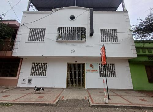 a white building with a dog standing in front of it at Hotel Comercial Neiva EZ in Neiva