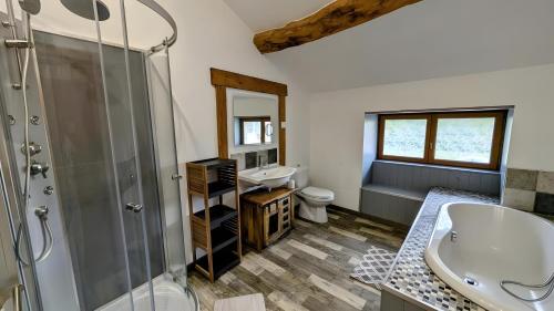 ein Badezimmer mit Dusche, Waschbecken und Toilette in der Unterkunft Le Ranch Des Ours in Champagnac-la-Rivière
