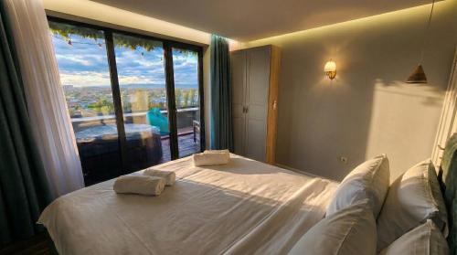 ApArt by the river في بلوفديف: غرفة نوم بها سرير ونافذة كبيرة