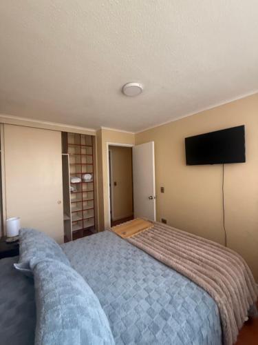 a bedroom with a bed and a flat screen tv at Alta vista Concepción in Concepción