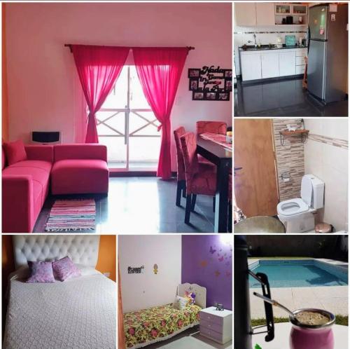 un collage de fotos de una habitación con muebles rosados en Departamento villa Gesell con pileta, en Villa Gesell
