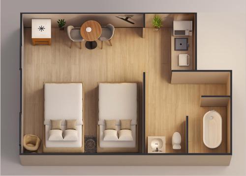 a rendering of a small apartment floor plan at Hospedaje Aldana - Habitación ACUA zona centro in Tuxpan de Rodríguez Cano