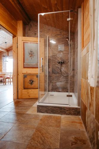 a bathroom with a shower with a glass door at Primus Lodge Obertauern in Obertauern