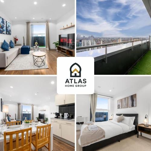 a collage of four pictures of a apartment at Panoramic City Views Elegant 2BR, 2 Min to Metro in Manchester