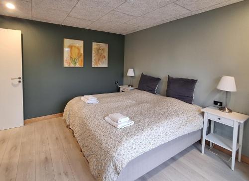 Un dormitorio con una cama con dos toallas encima. en Odense Garden Apartment, en Odense