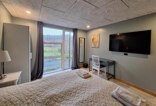 a bedroom with a bed and a desk and a television at Odense Garden Apartment in Odense