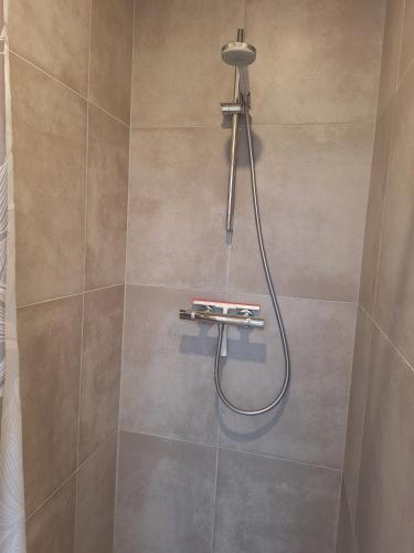 a shower with a shower head in a bathroom at Odense Garden Apartment in Odense