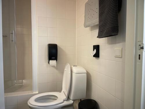 ein kleines Badezimmer mit Toilette und Dusche in der Unterkunft Hotel Willemstad in Willemstad