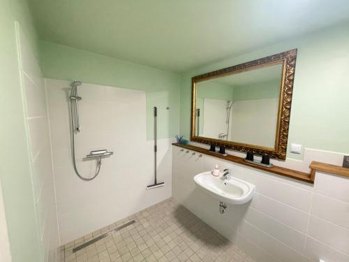 a bathroom with a sink and a mirror at Wohnung in Salling in Buksager