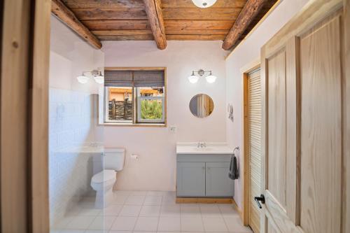 a bathroom with a toilet and a sink and a mirror at Willow Street Cottages in Bluff