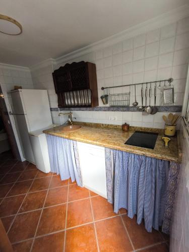 una cocina con encimera y refrigerador en La Casita de Marisol, en El Real de la Jara
