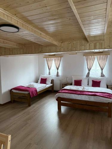 a bedroom with two beds and a wooden ceiling at Apartmány u náměstí in Chřibská