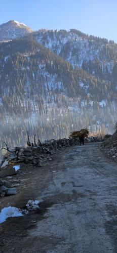 a dirt road with a mountain in the background at Himalayan Wooden Cottage & Cafe Dalhousie in Dalhousie