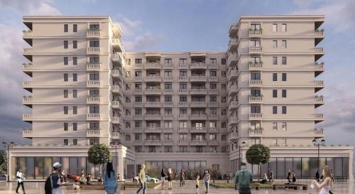 a rendering of a building with people walking in front of it at Modern 2-Bed Near Tirana and Airport with Balconies in Kamëz