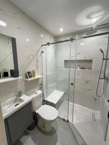 a bathroom with a shower and a toilet and a sink at Lovely 2 bedroom apartment in Rabat